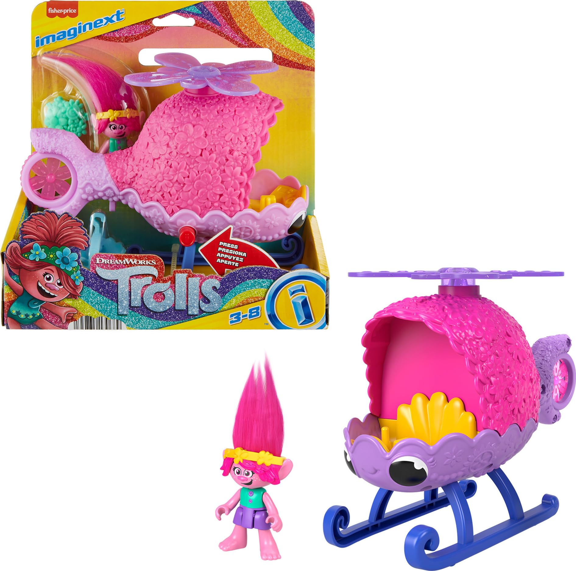 Fisher-Price Imaginext Trolls Poppy's Copter cockpit scene sparks imaginative storytelling.