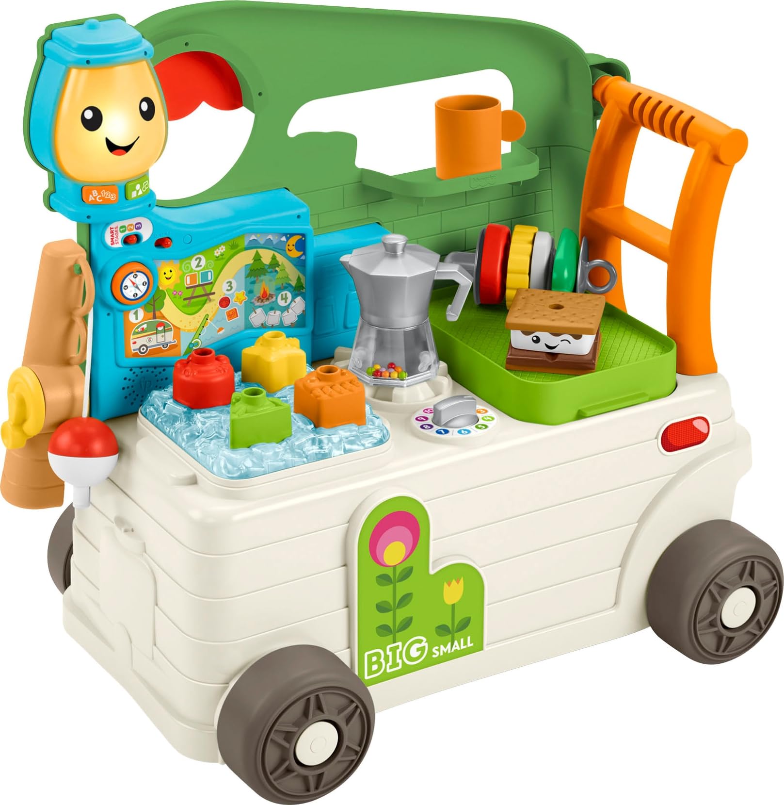 Fisher-Price Laugh and Learn camper walker front view with lights and learning-friendly interactive buttons