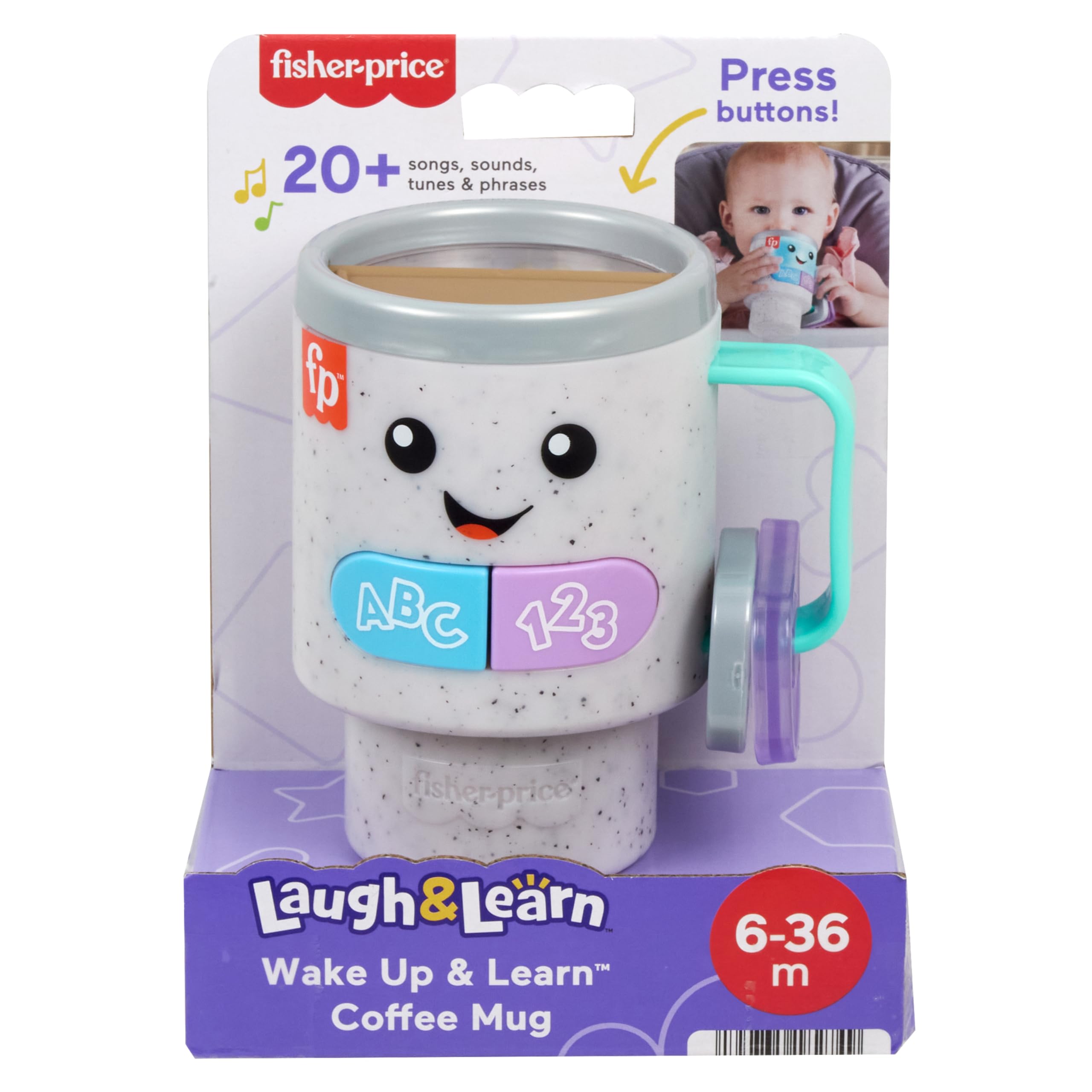 Fisher-Price Laugh & Learn coffee mug supports early learning for ages 6 months to 3 years.