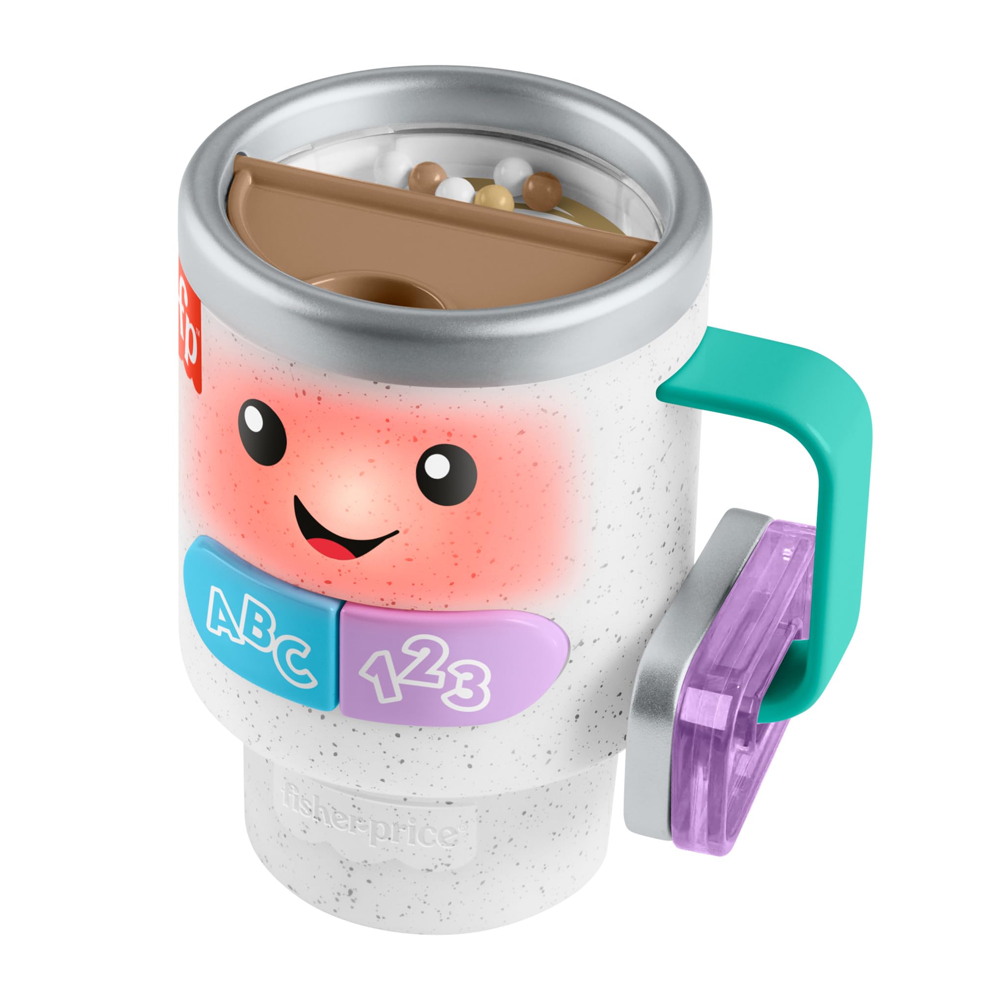Fisher-Price Laugh & Learn coffee mug lid reveals mocha beads for tactile peekaboo play.