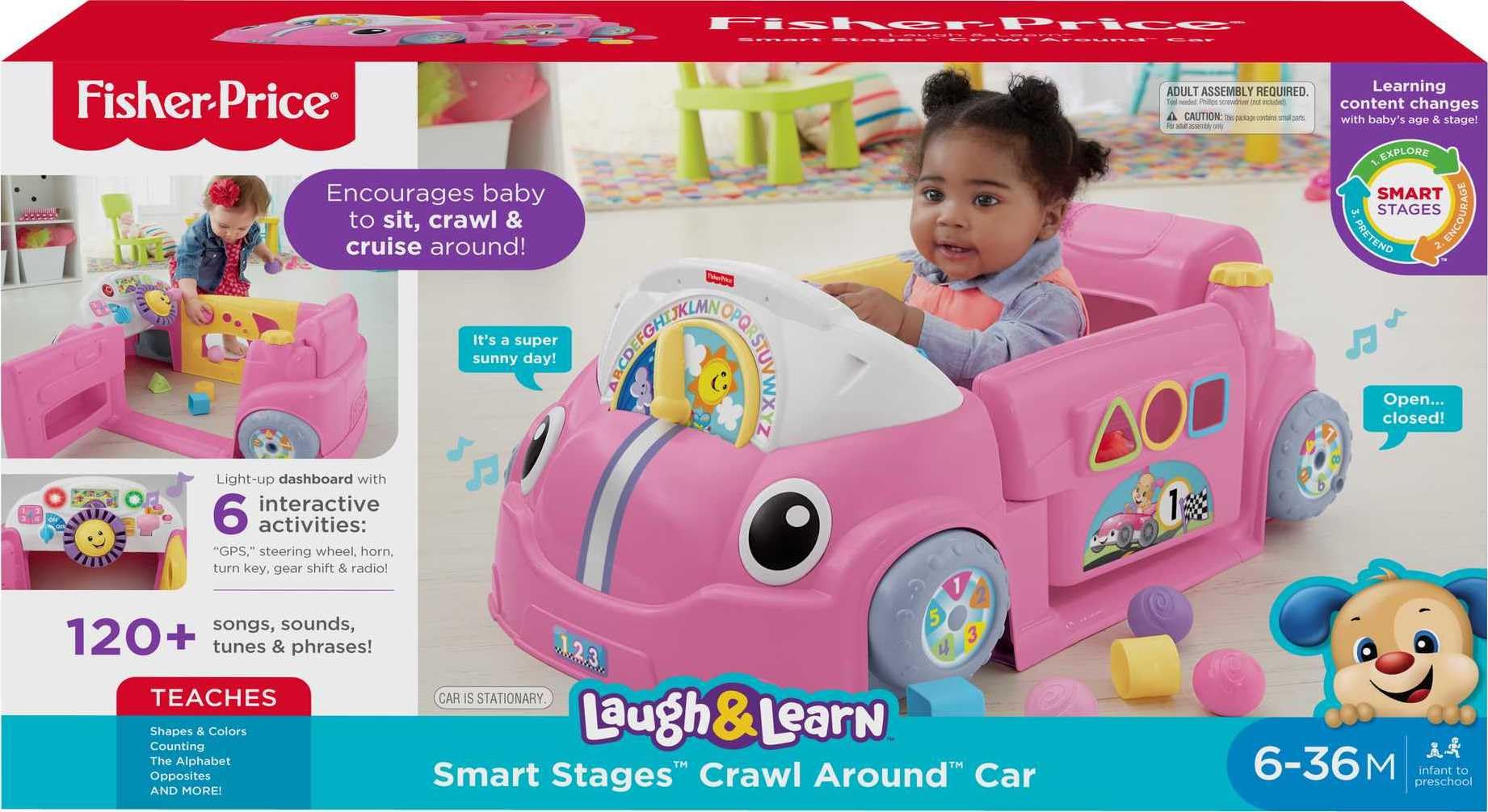Fisher-Price Laugh & Learn Crawl Around Car stationary toy supports crawling milestones.