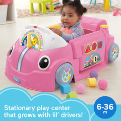 Fisher-Price Laugh & Learn Crawl Around Car ramp with three balls prompts rolling play.