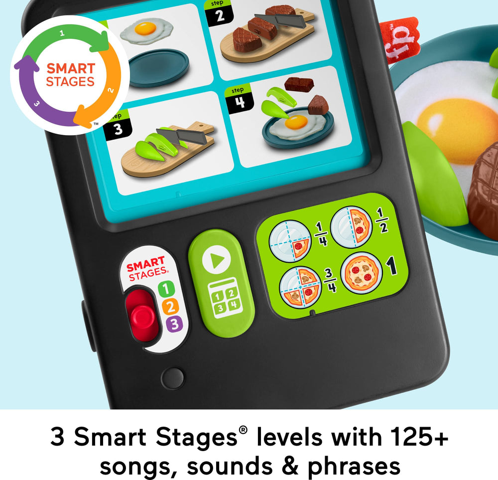 Fisher-Price Laugh and Learn recipe cards guide sequencing during cooking play.