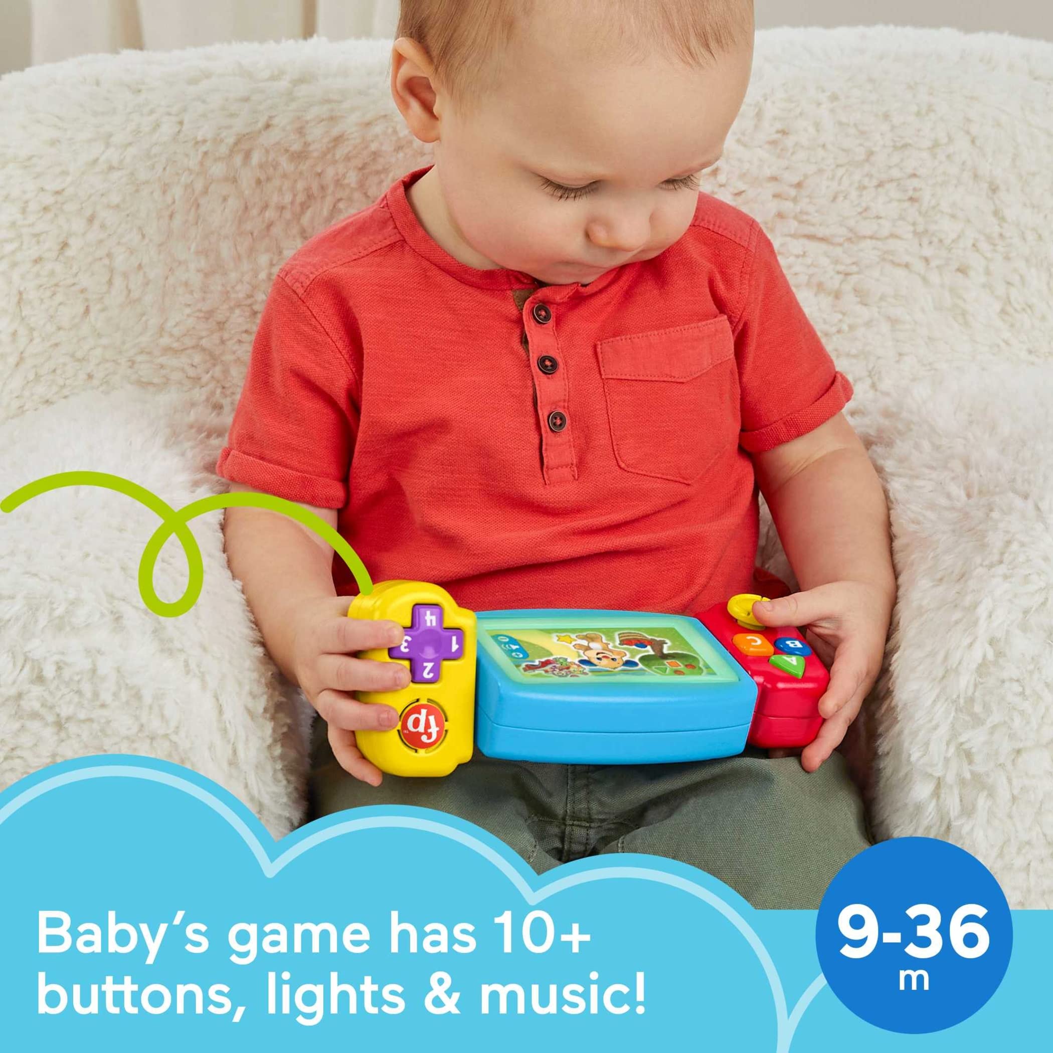 Fisher-Price Laugh and Learn Gamer joystick promotes fine motor skills through interactive play.
