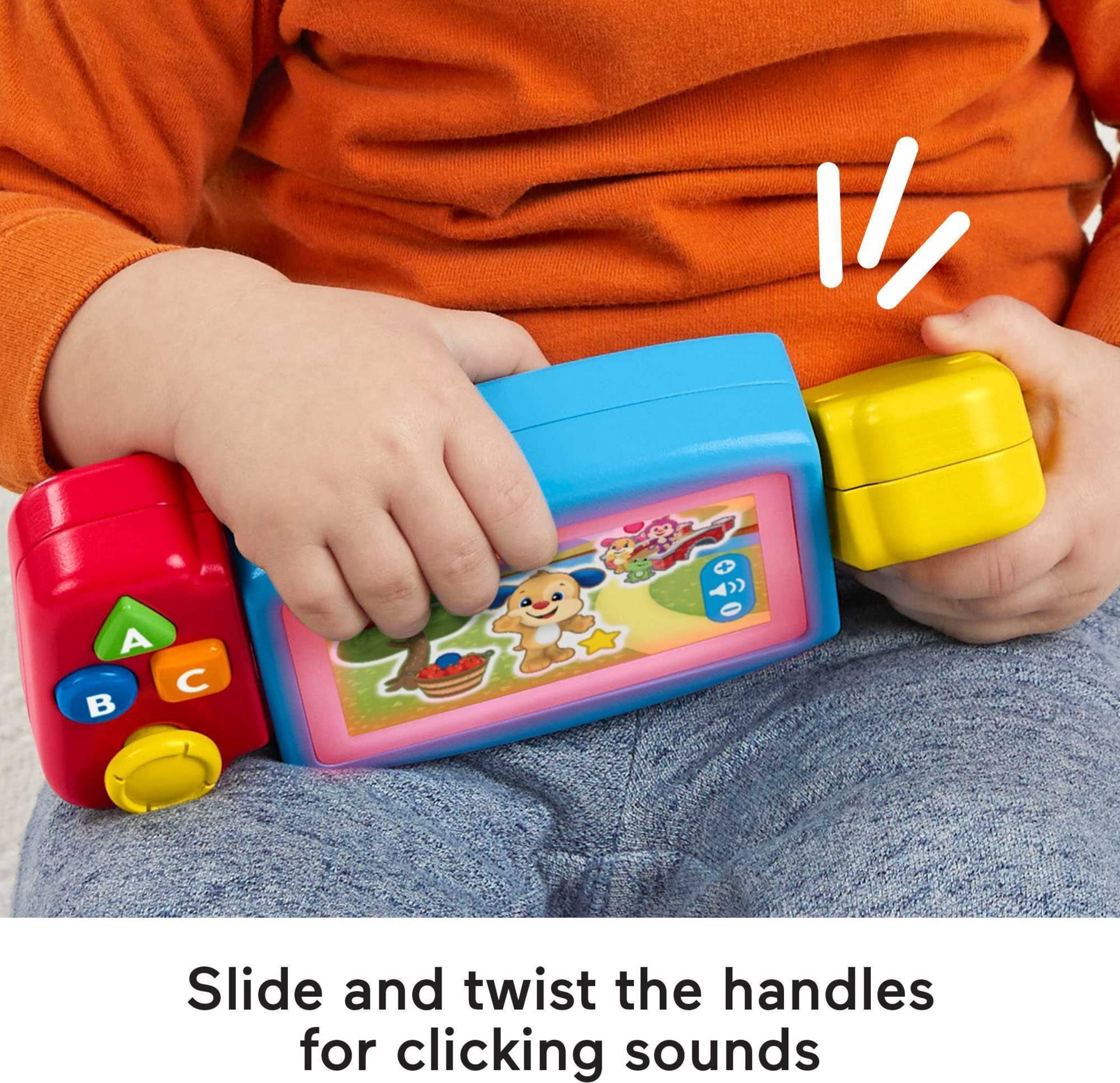 Fisher-Price Laugh and Learn Gamer twist handles enable hands-on pretend play.