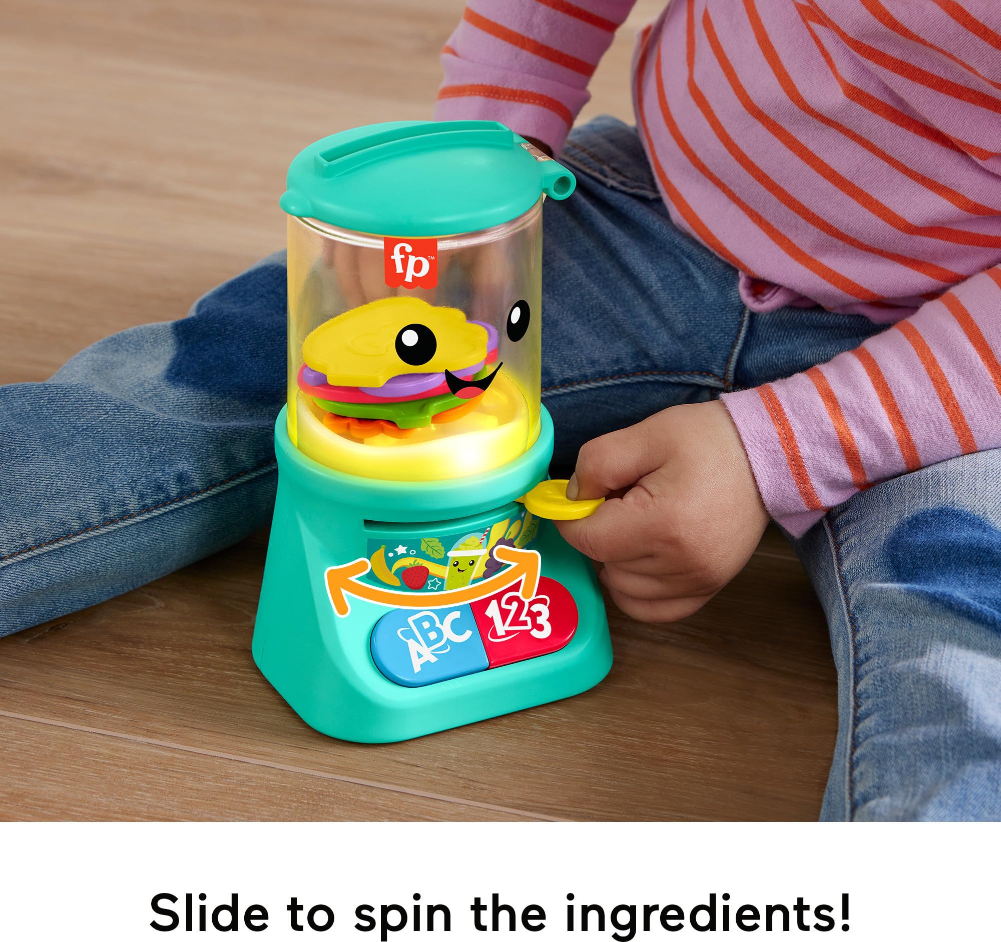 Fisher-Price Laugh & Learn smoothie maker open lid supports put-and-take play