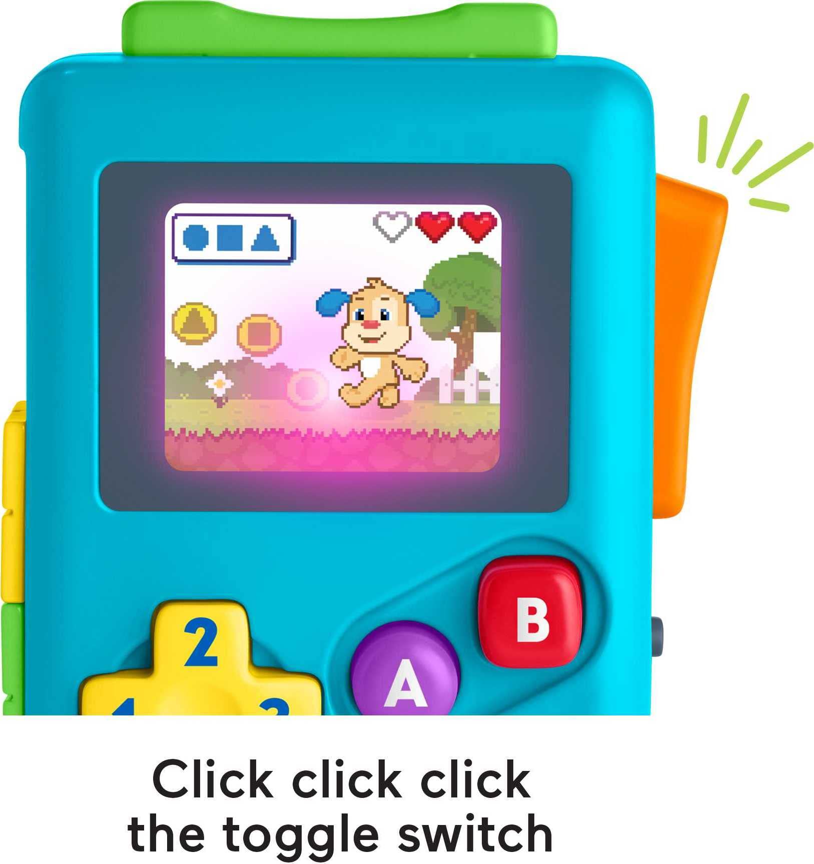 Fisher-Price Lil’ Gamer teaches colors, numbers, and shapes through playful pretend games.
