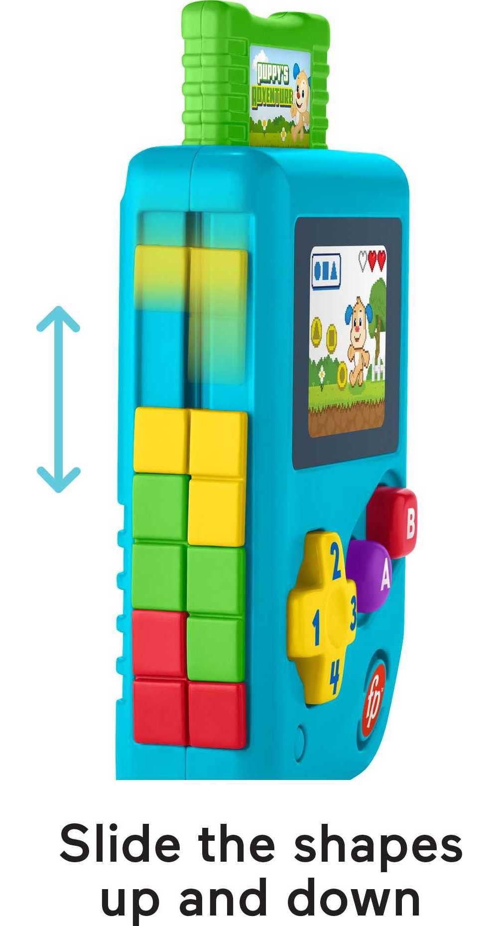 Fisher-Price Lil’ Gamer side sliders and toggle offer tactile exploration and dexterity practice.