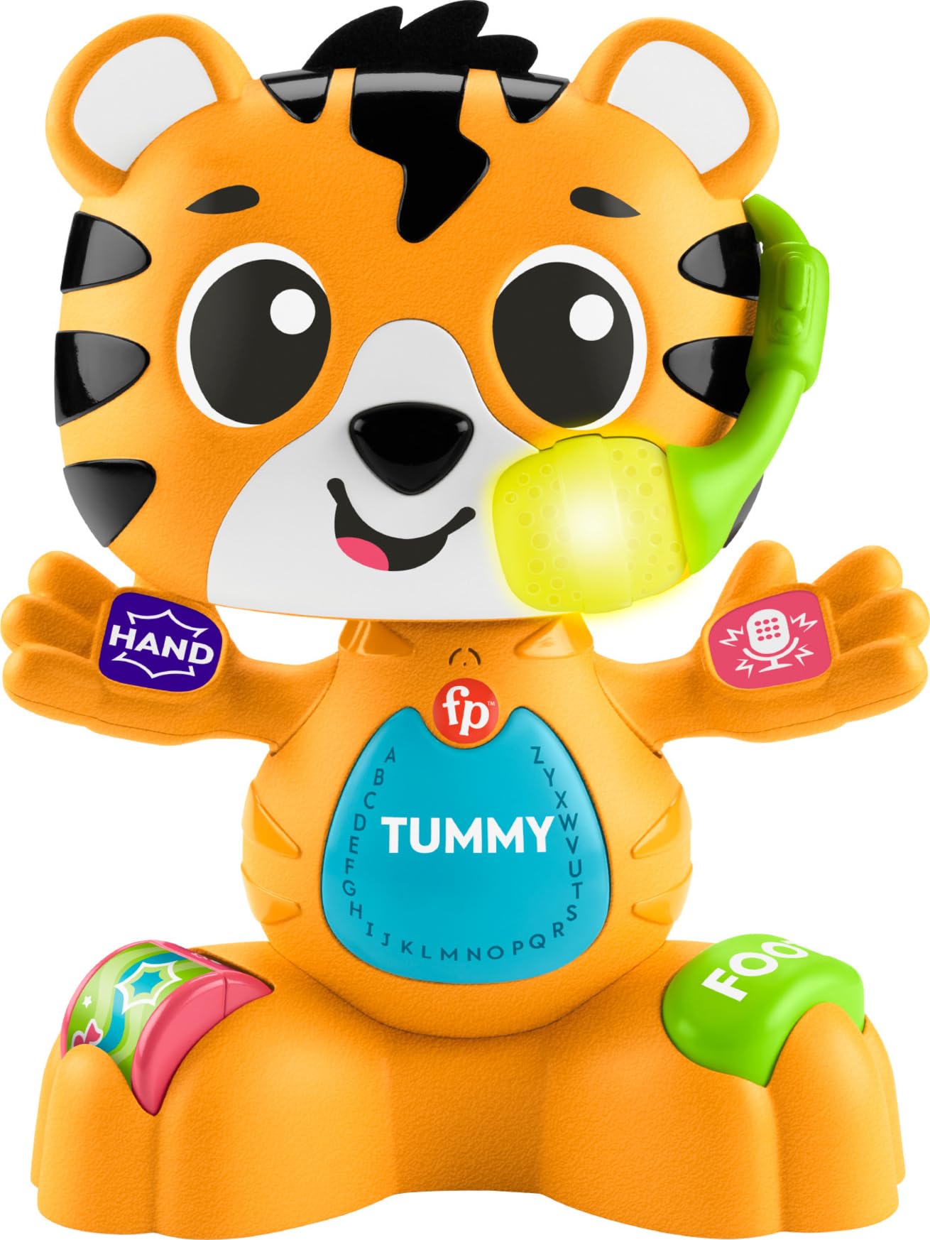 Fisher-Price Link Squad Tiger head bop demonstrates motor play and musical learning.