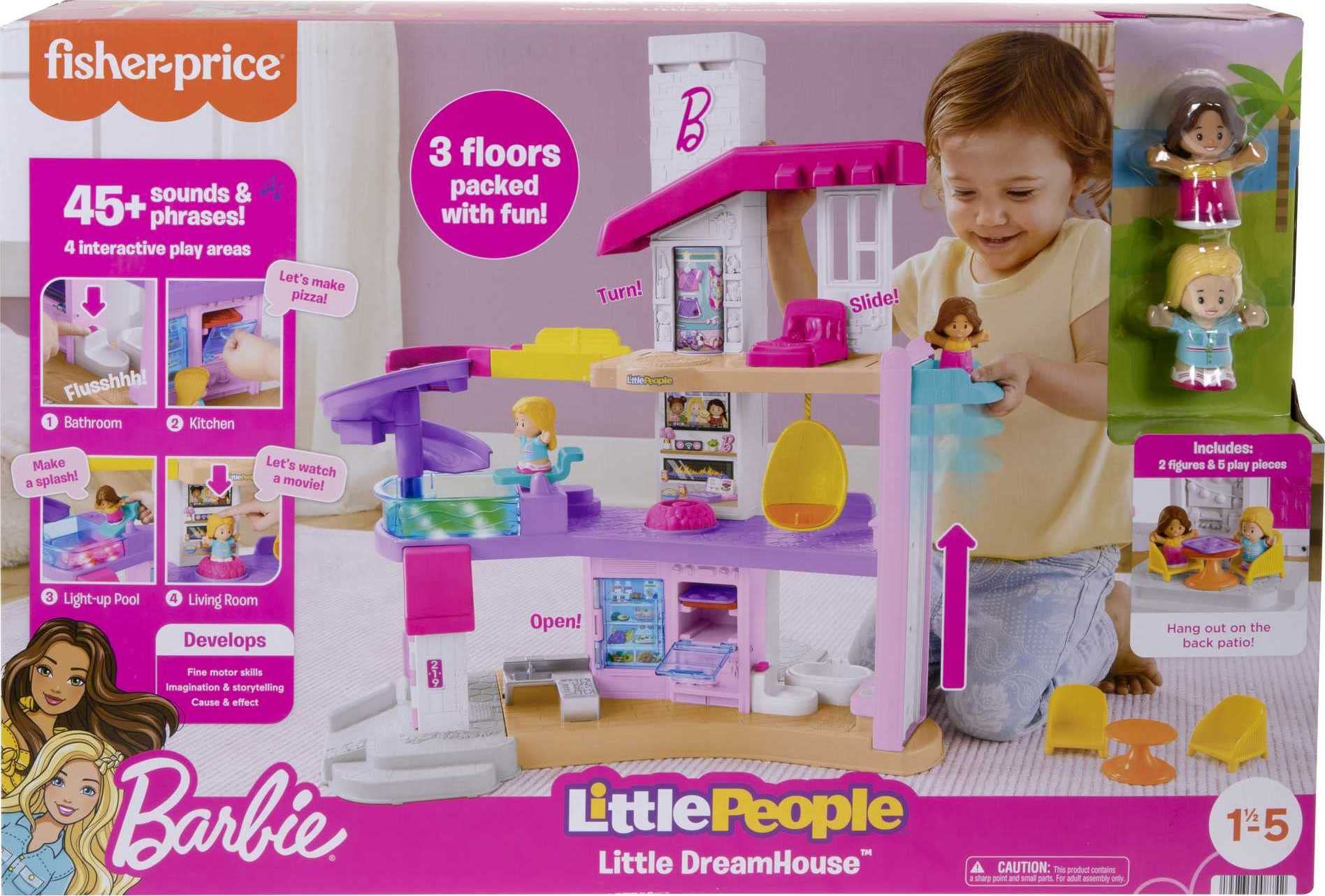 Fisher-Price Little People Barbie DreamHouse activation points trigger lights, music, and phrases for interactive fun.