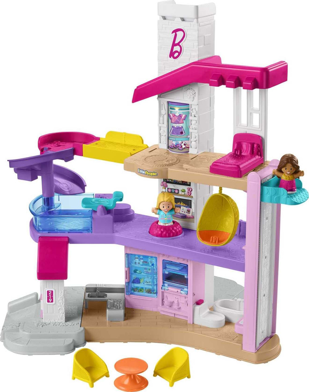 Fisher-Price Little People Barbie DreamHouse elevator in action, encouraging imaginative play and fine motor skills.