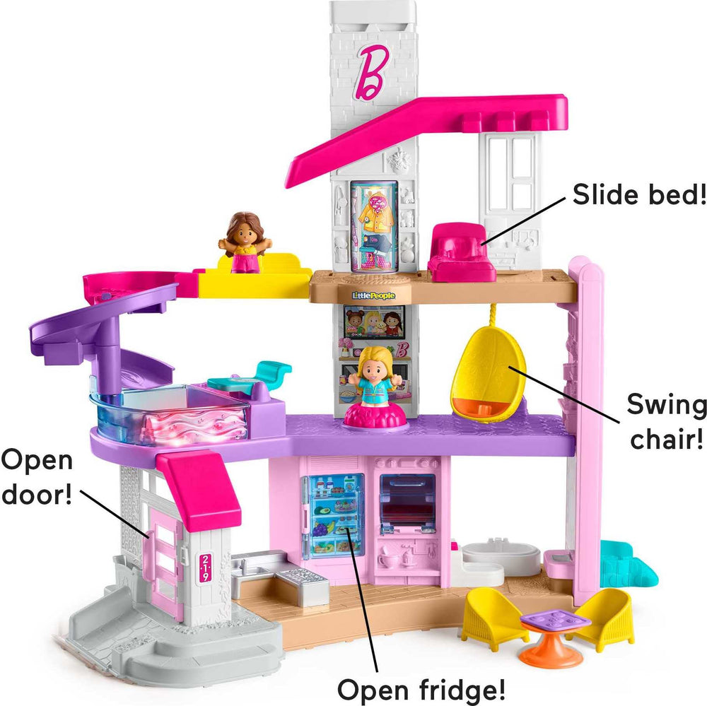 Fisher-Price Little People Barbie DreamHouse includes figures and pieces to boost hands-on play.