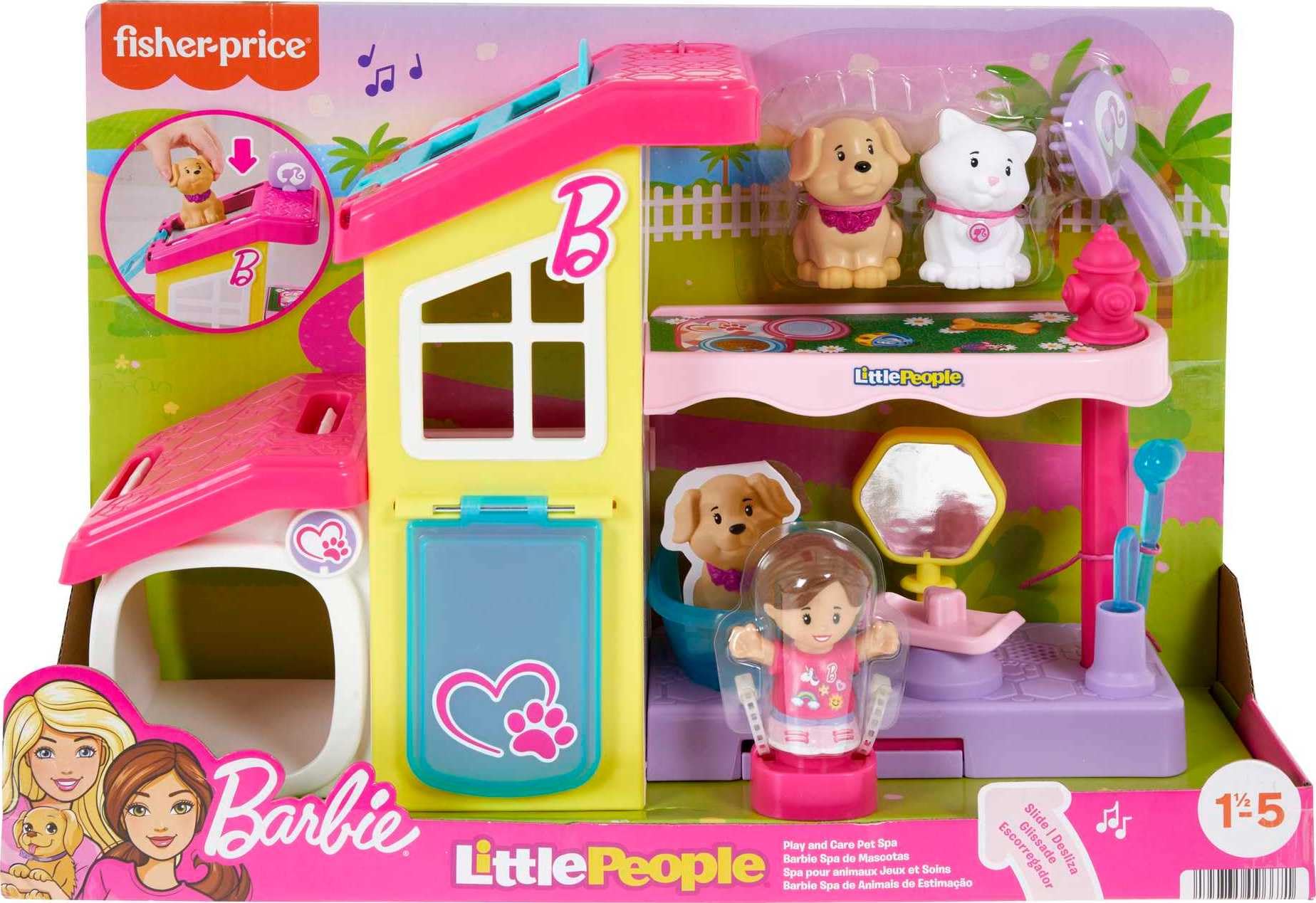 Fisher-Price Little People Barbie Pet Spa two-floor setup enables varied scenes