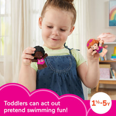 Fisher-Price Little People Barbie sleepover figures support storytelling and cooperative play.