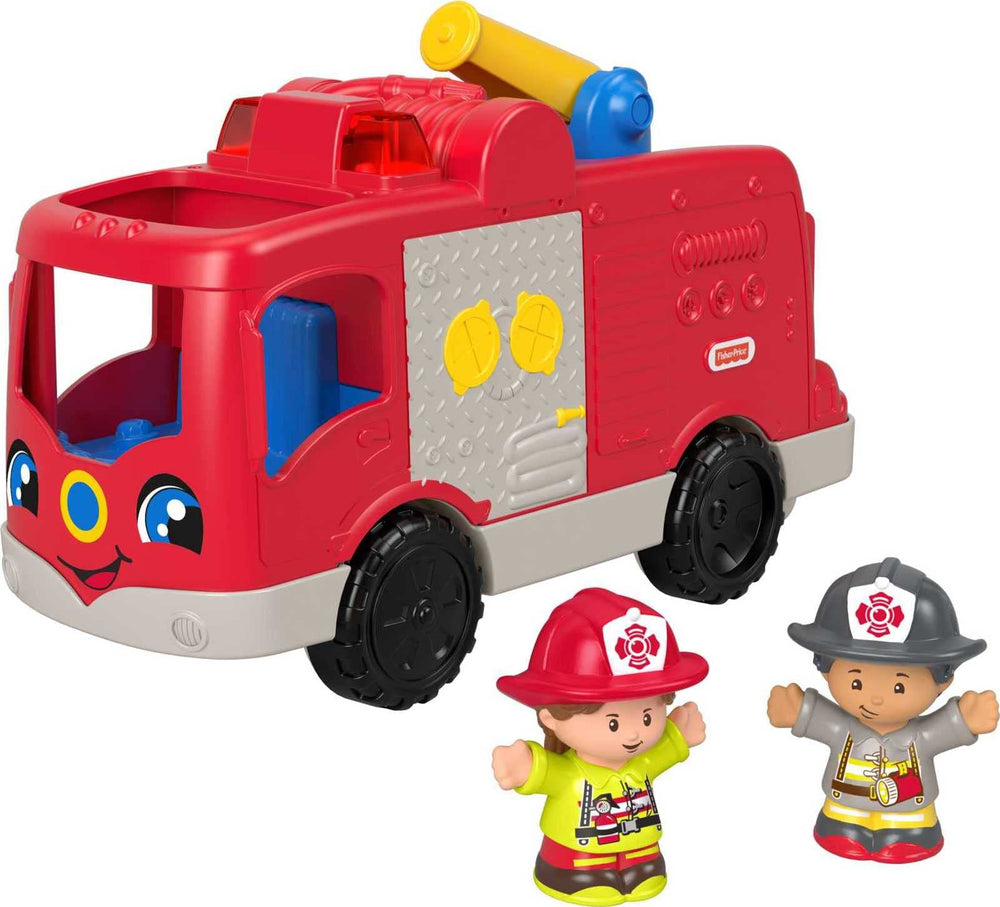 Fisher-Price Little People fire truck with Erika and Karson figures ready for rescue play.