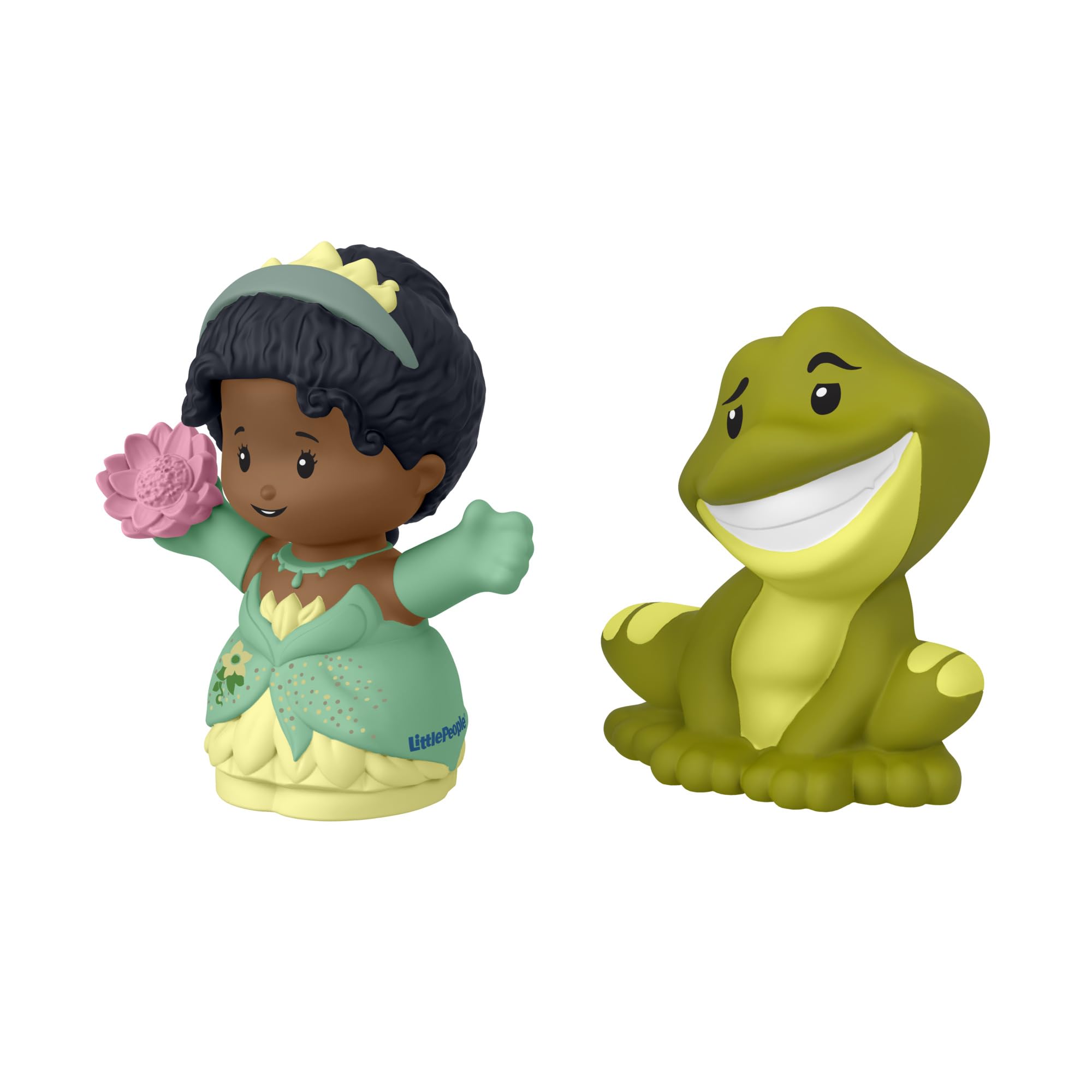 Toddler hands grasping Fisher-Price Little People Tiana Naveen figures for easy manipulation