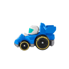 Fisher-Price Little People Wheelies Race Car blue in hand, perfect for imaginative on-the-road play