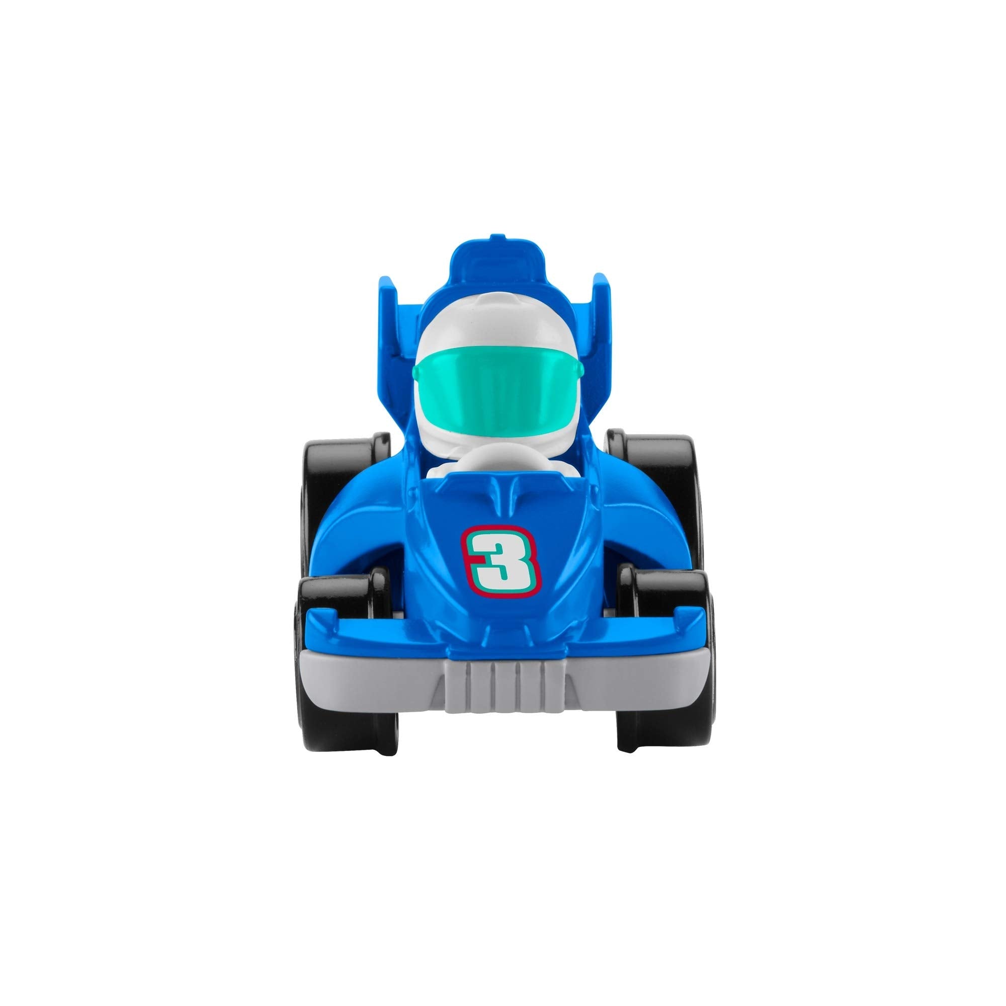 Fisher-Price Little People Wheelies Race Car blue packaging display, simple to add to collections