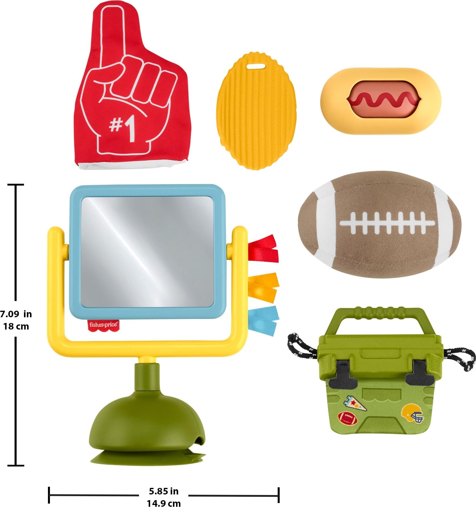Fisher-Price Mini Me Moments Tiny Tailgater goal-post mirror supports visual tracking