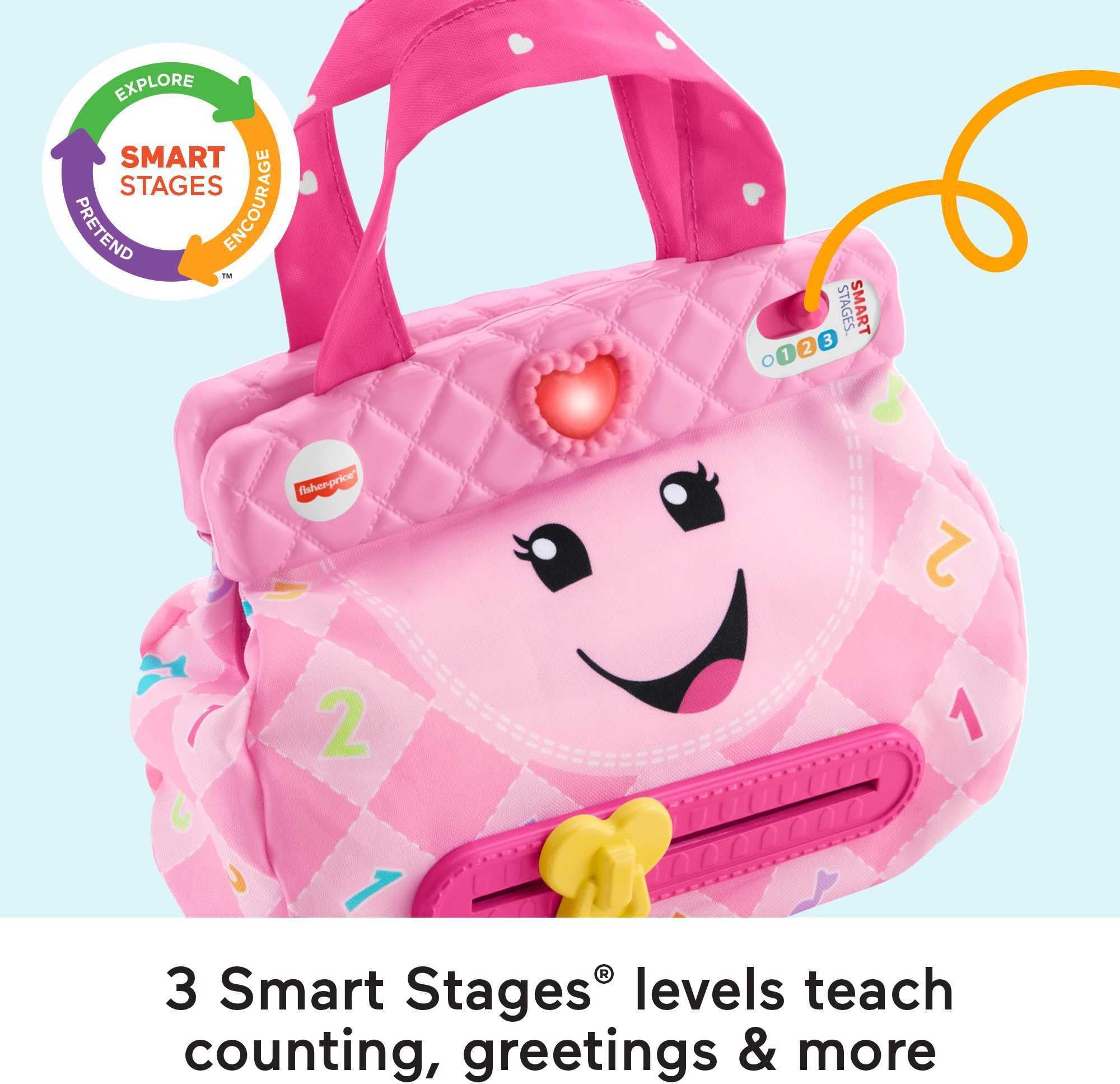 Fisher-Price My Smart Purse open-handle interaction encourages pretend play.