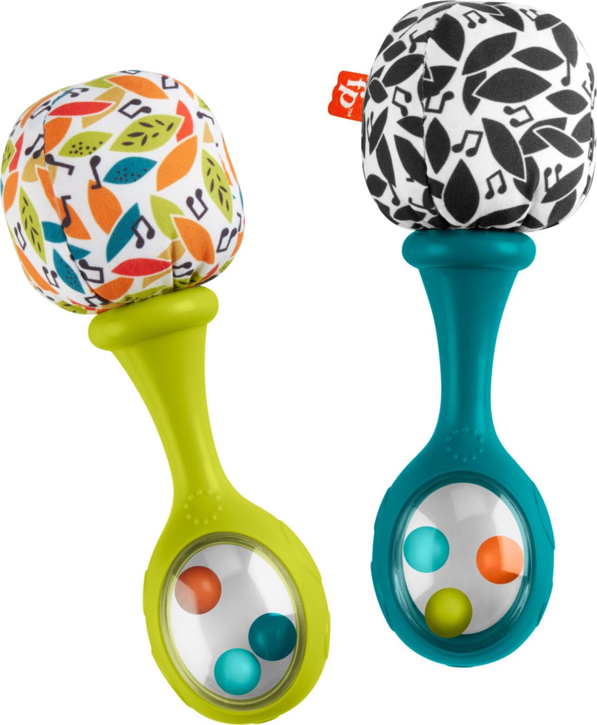 Fisher-Price maracas feature soft fabric for gentle sensory exploration.