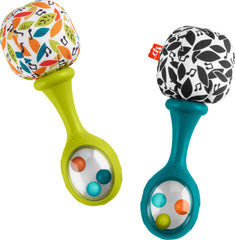 Fisher-Price Newborn Rattle-n-Rock maracas with soft pom-poms boost tactile exploration.