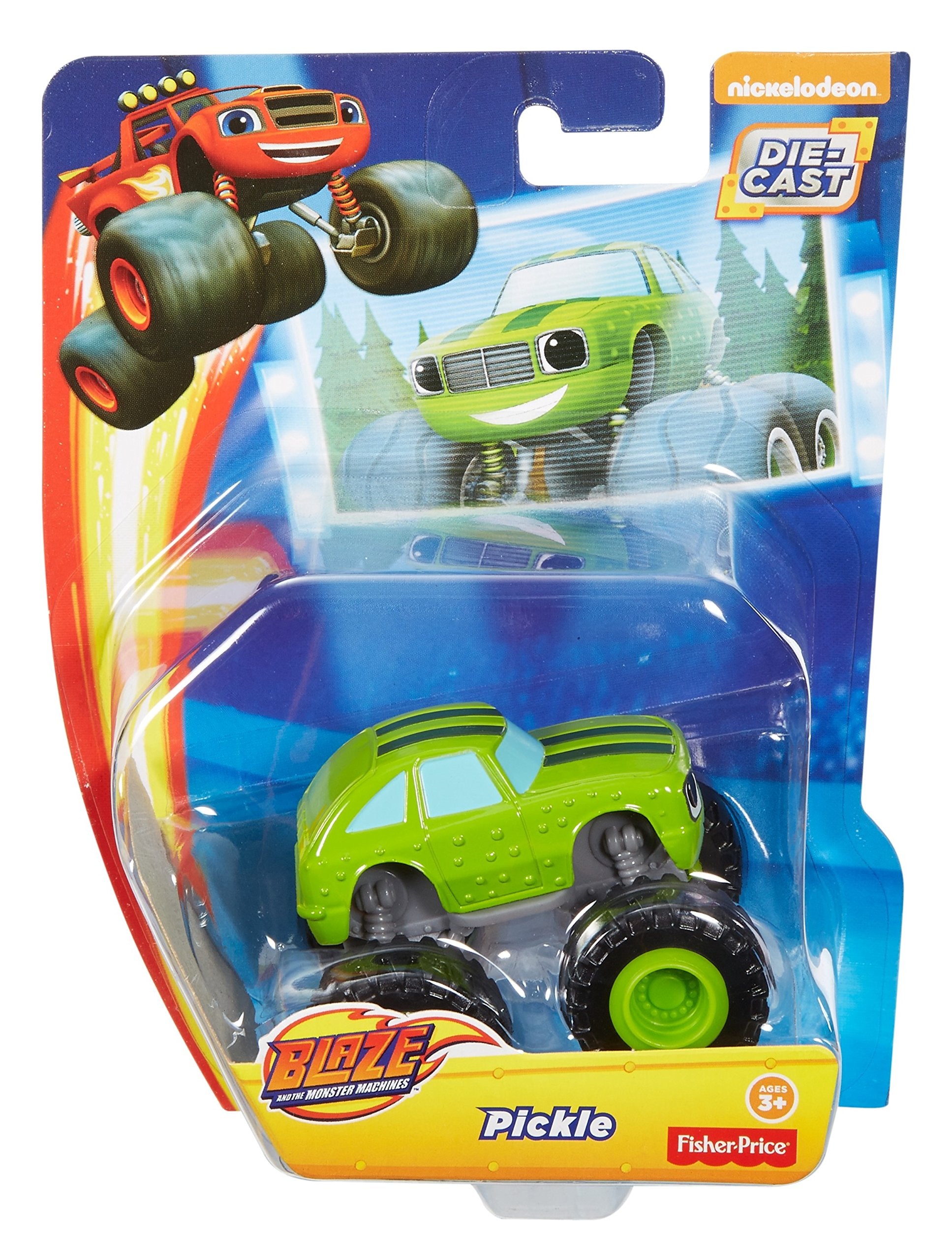 Fisher-Price Pickle packaging shot demonstrates a gift-ready Blaze play set.