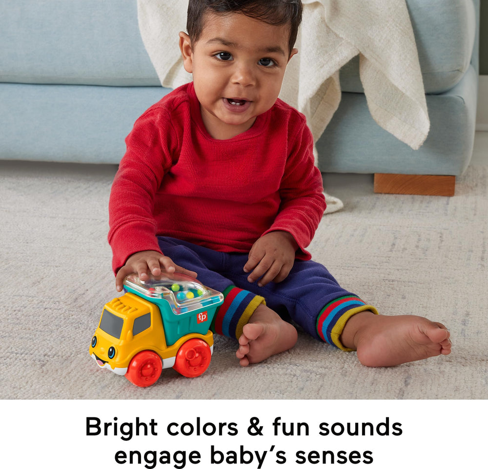 Fisher-Price Poppity Pop Dump Truck bright colors and friendly face support visual engagement