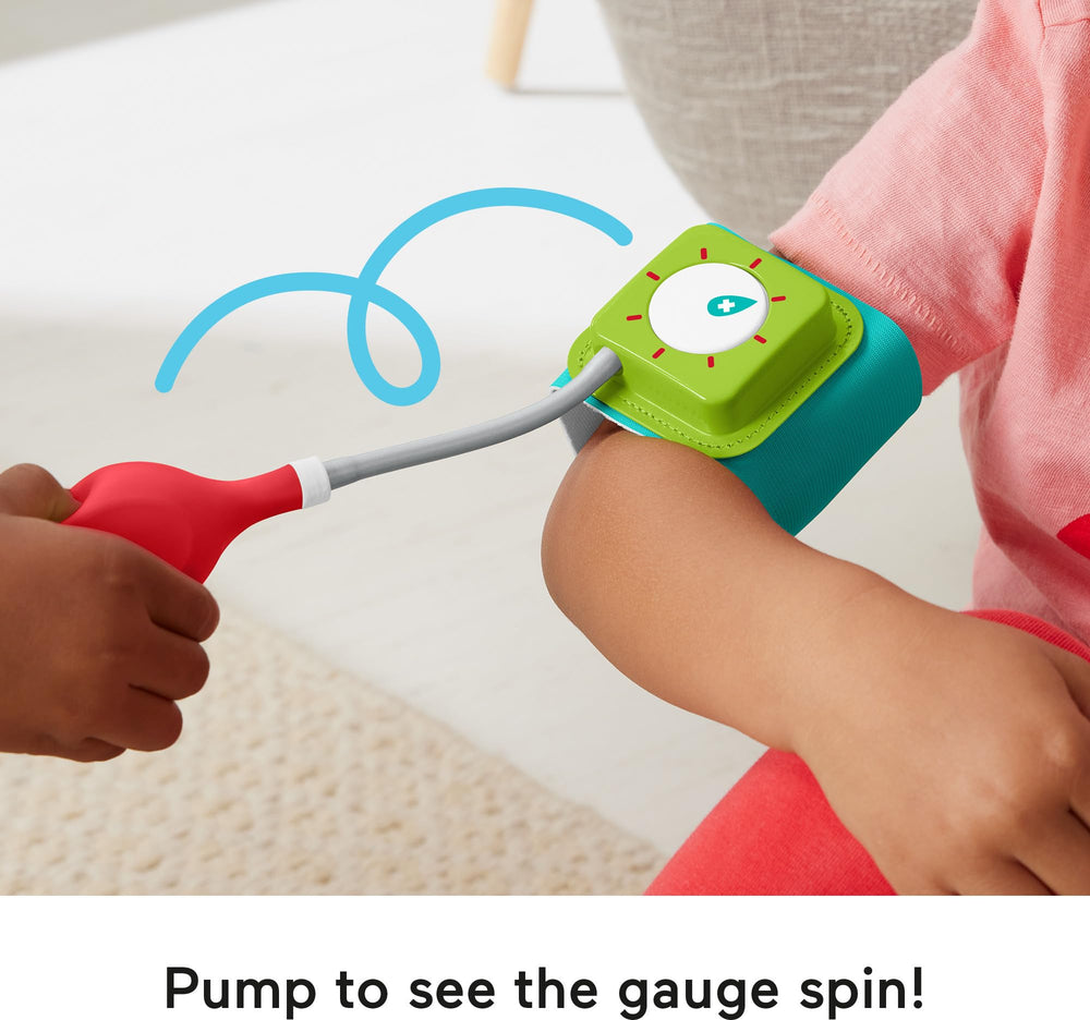 Fisher-Price Preschool Medical Kit blood pressure cuff with spinning gauge for pretend diagnostics.