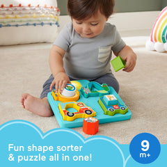 Fisher-Price Shapes & Sounds puzzle pieces and animal shapes arranged for sorting practice