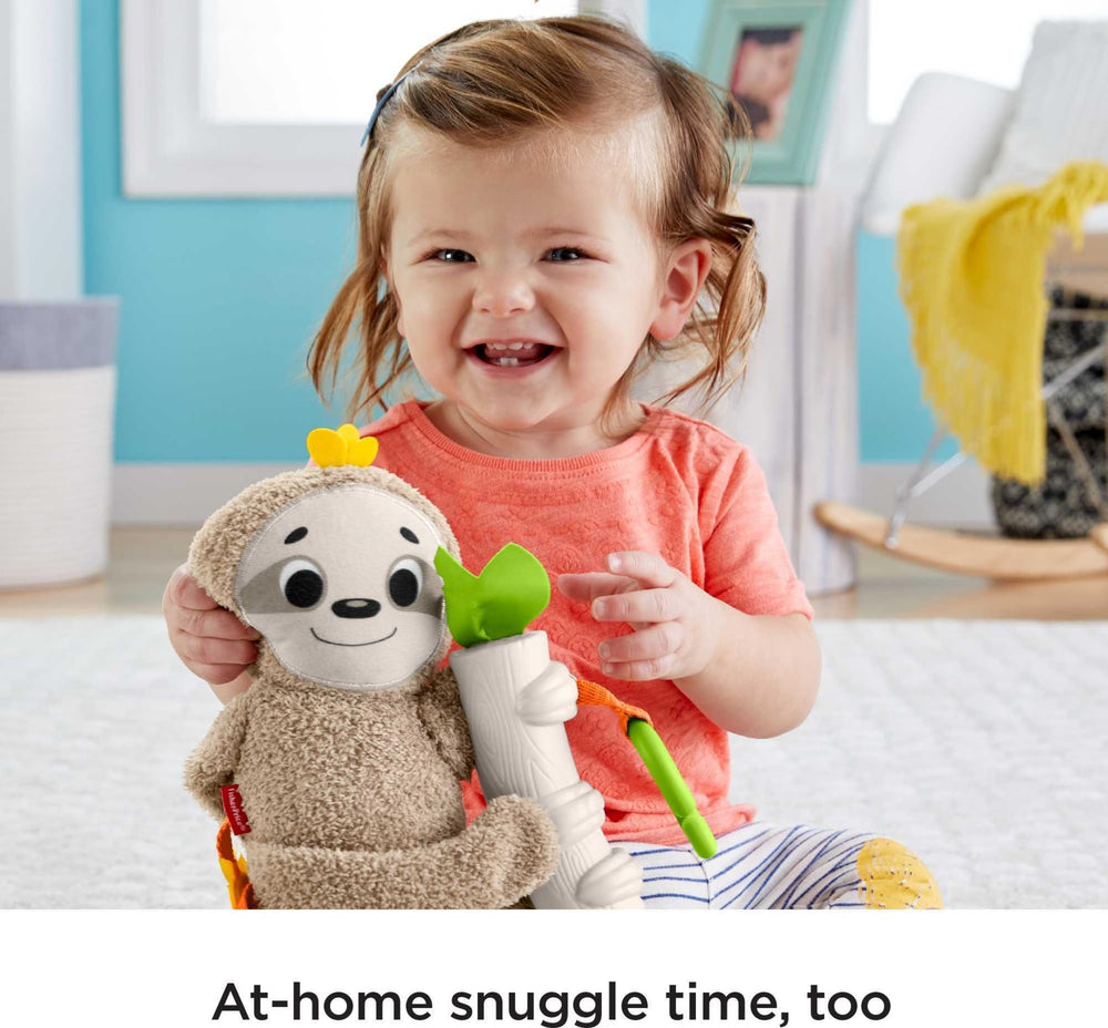 Fisher-Price Slow Much Fun sloth features crinkly fabrics for tactile exploration.