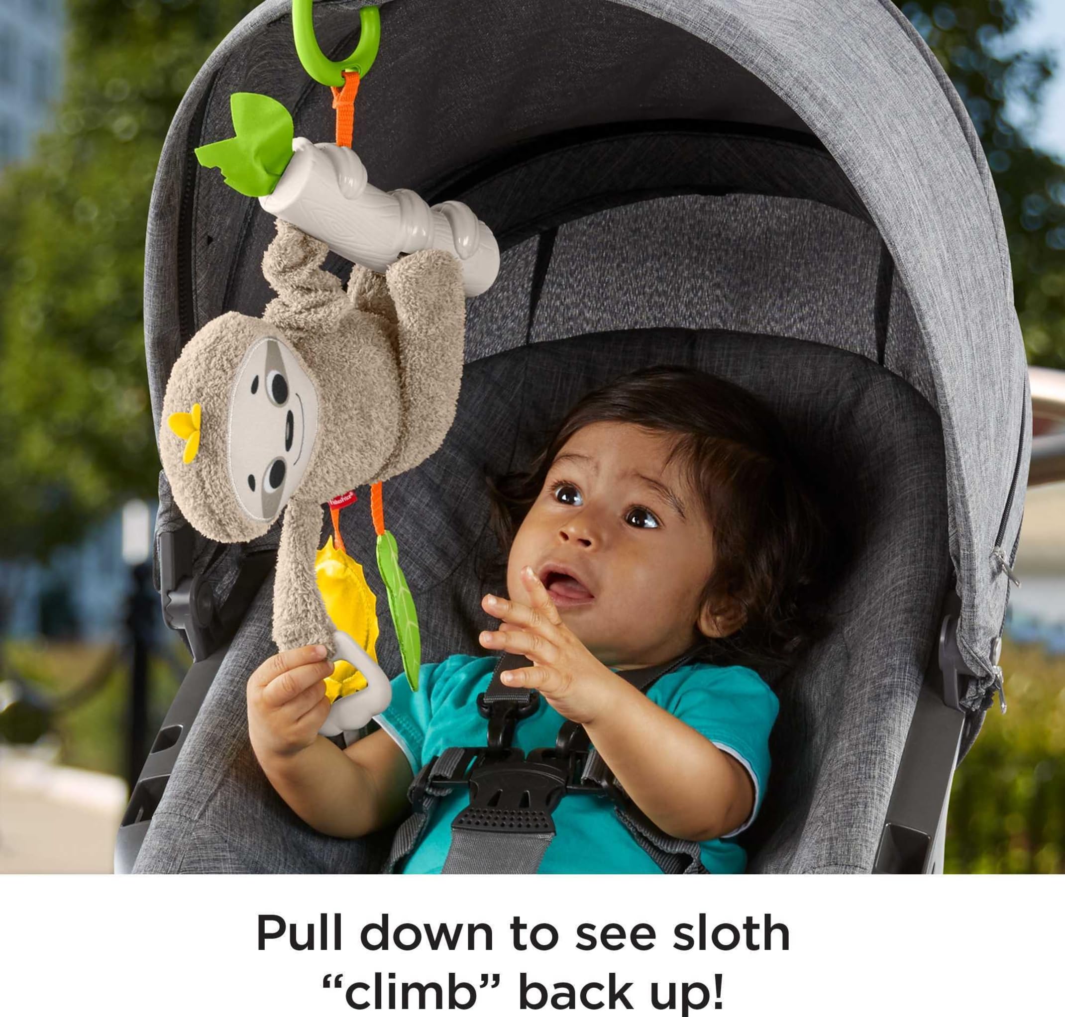 Fisher-Price Slow Much Fun sloth hand-pull action encourages baby to explore cause and effect.