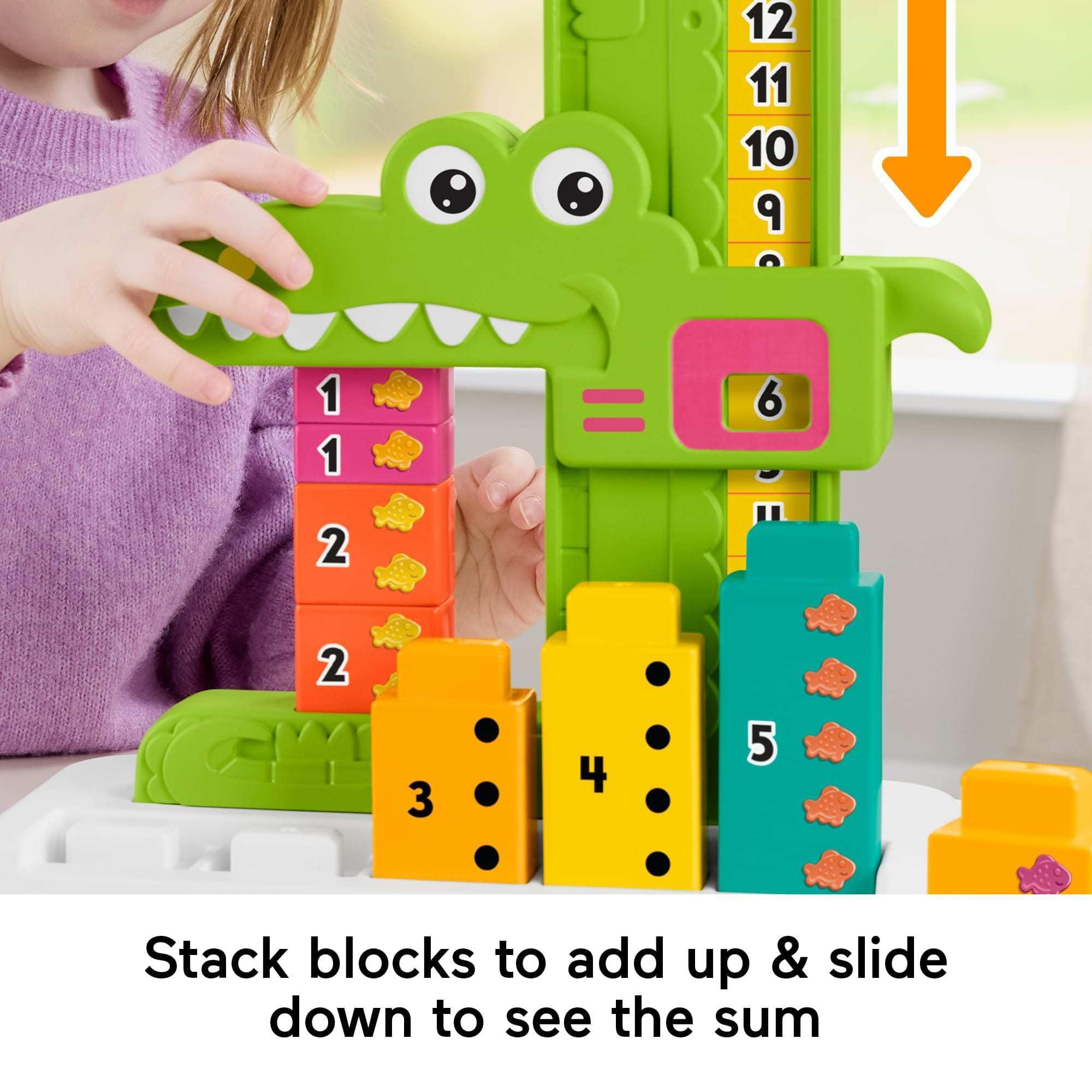 Fisher-Price ten stacking blocks store neatly in the alligator base.