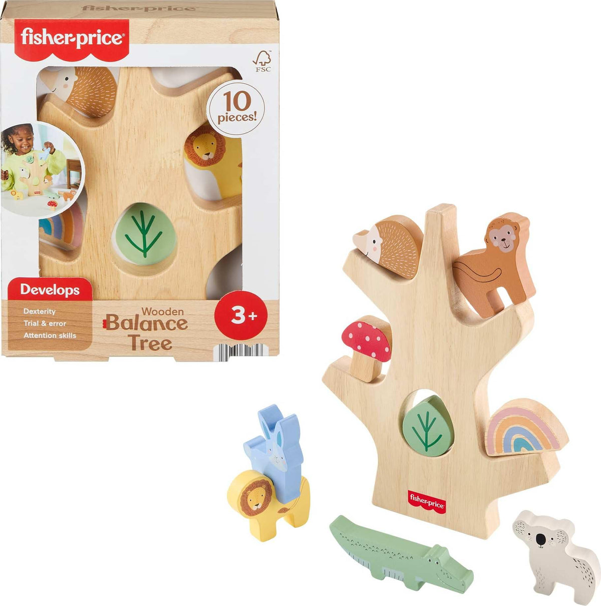 Fisher-Price Wood Balance Tree image shows stacked blocks for fine motor play