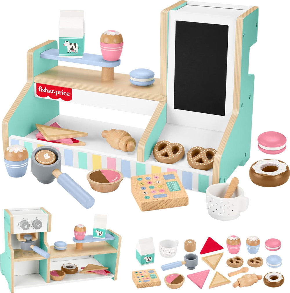Fisher-Price wood coffee shop counter promotes imaginative play and role-play fun.