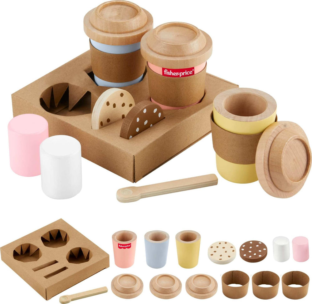 Fisher-Price wood coffee to-go cups set for imaginative pretend play.