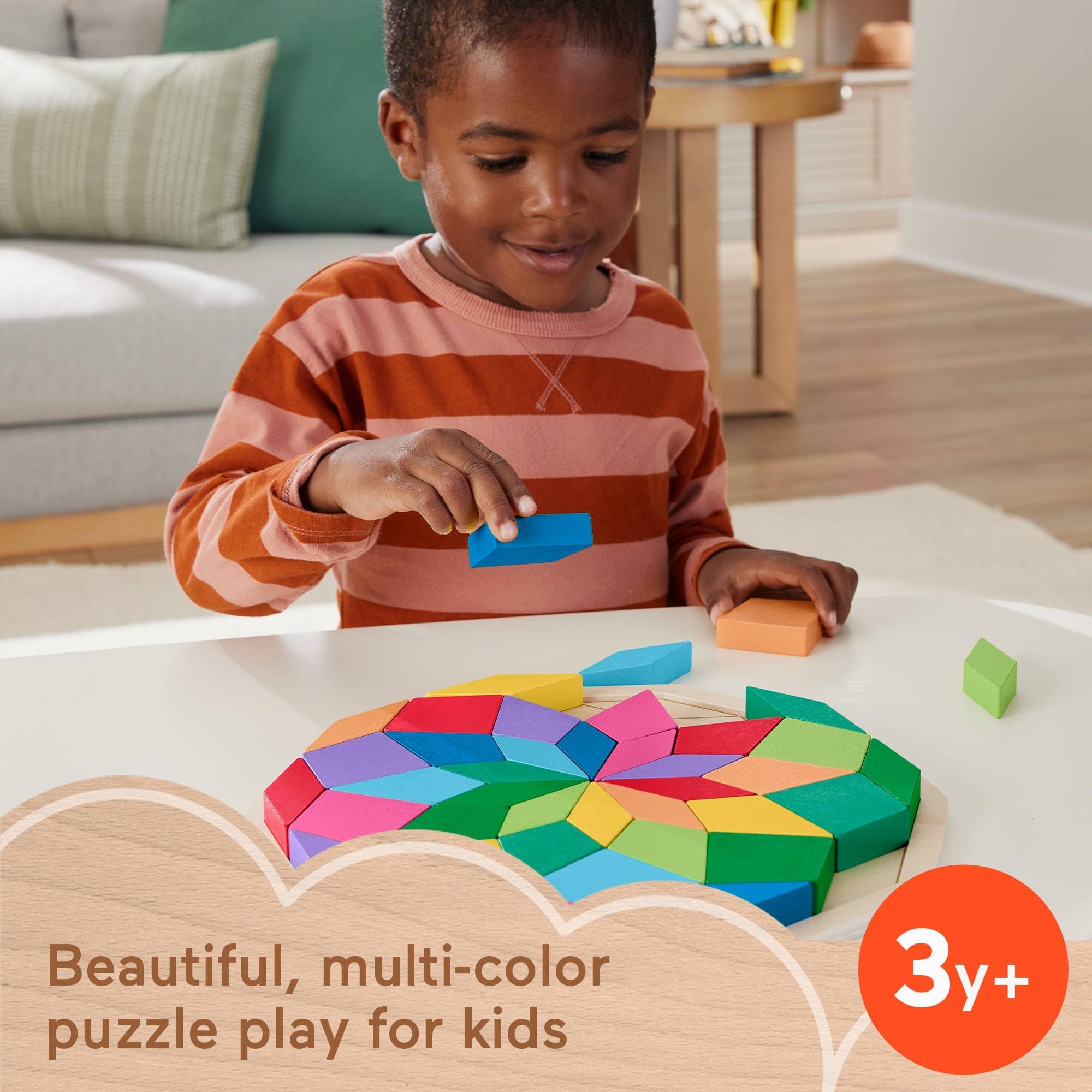 Fisher-Price Wood Mandala Puzzle 41 pieces invites hands-on shape sorting.