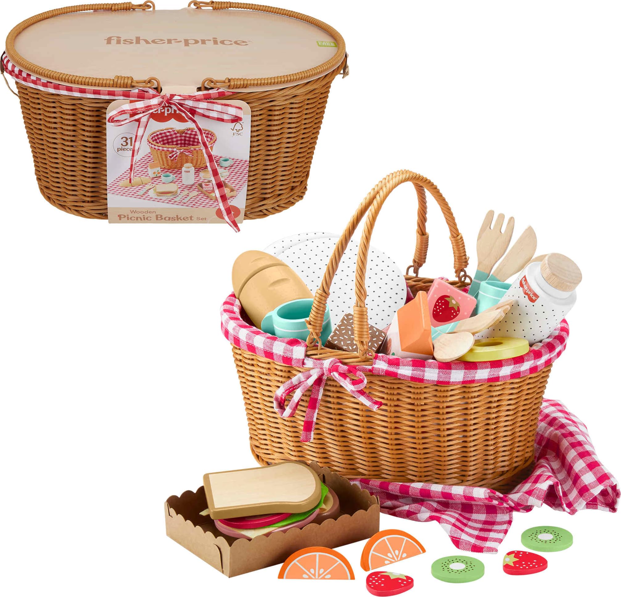 Fisher-Price wood picnic basket with 31 pieces supports imaginative pretend play at home or park