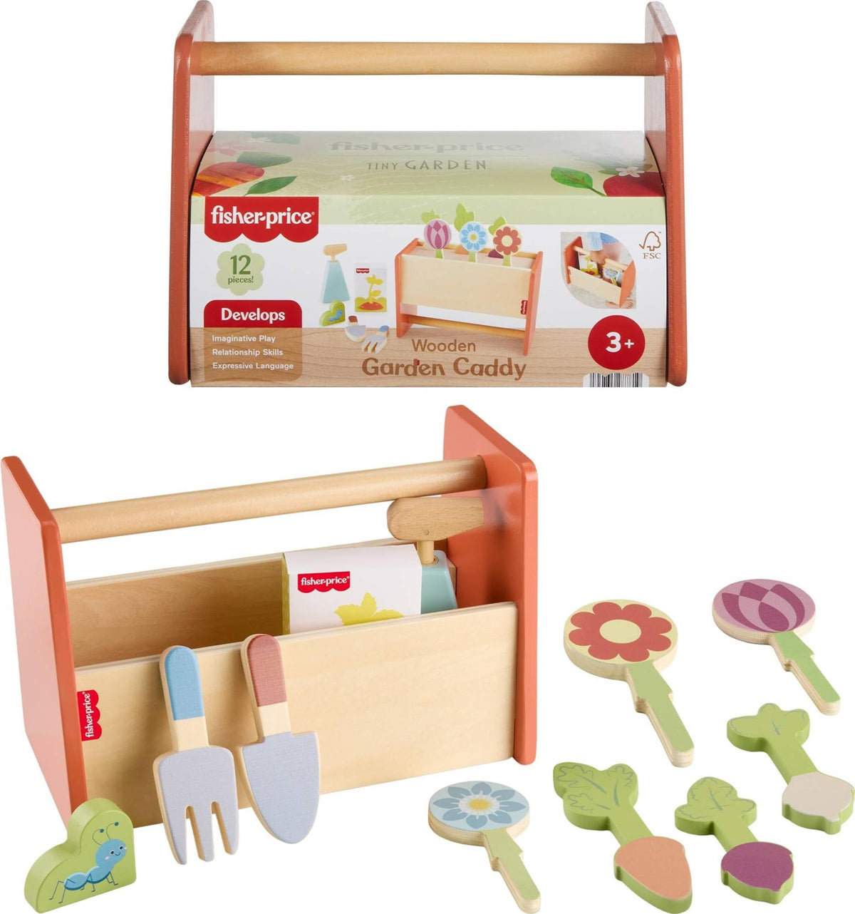 Fisher-Price wood garden caddy full set promotes imaginative play and language skills.
