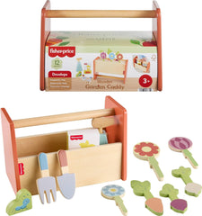 Fisher-Price wood garden caddy full set promotes imaginative play and language skills.