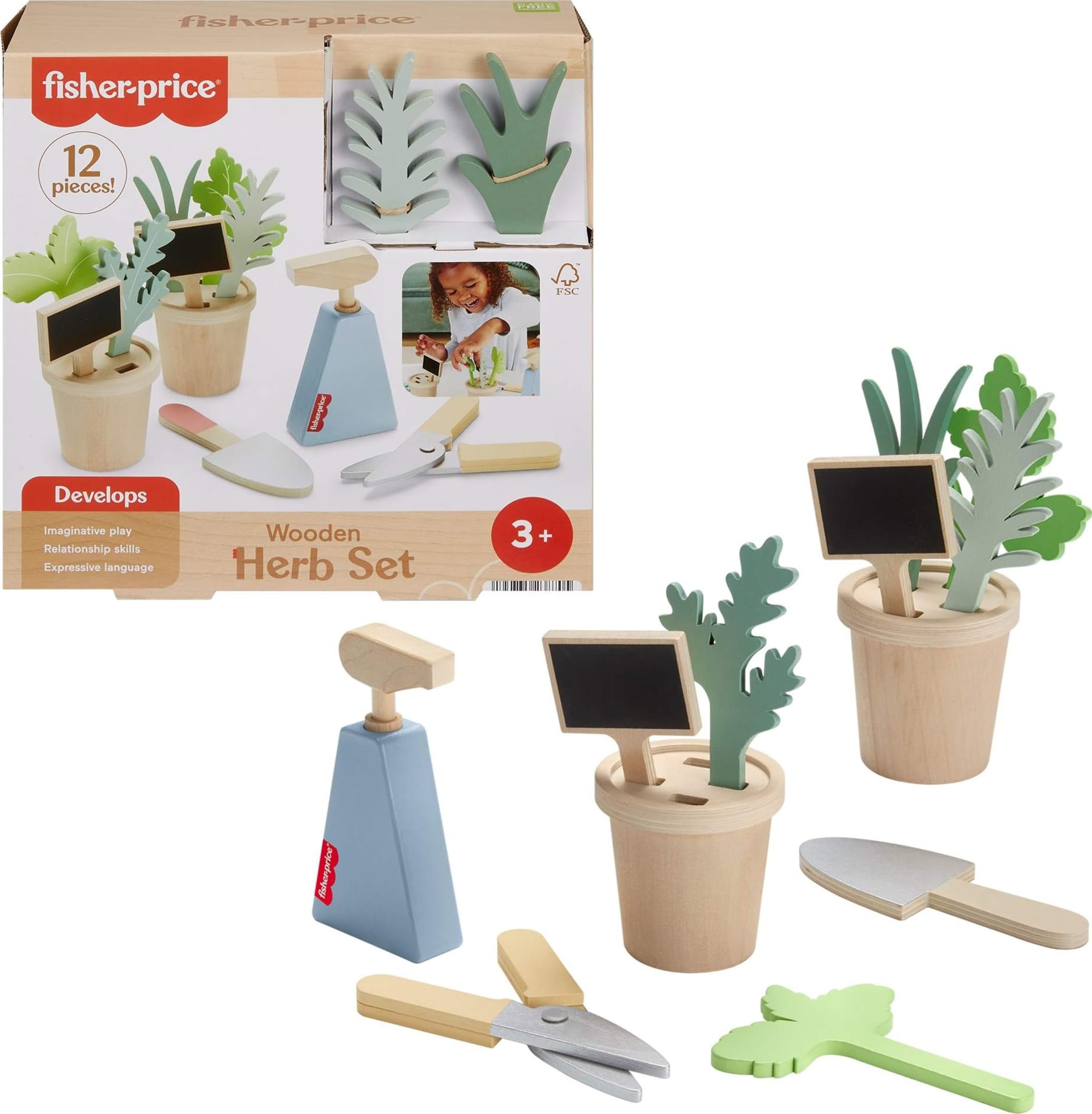 Fisher-Price wooden herb garden pots with leaves for creative pretend play