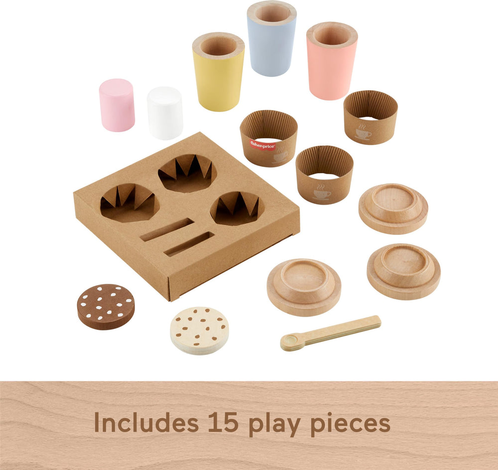Fisher-Price wood 15-piece pretend set ready for cafe adventures.