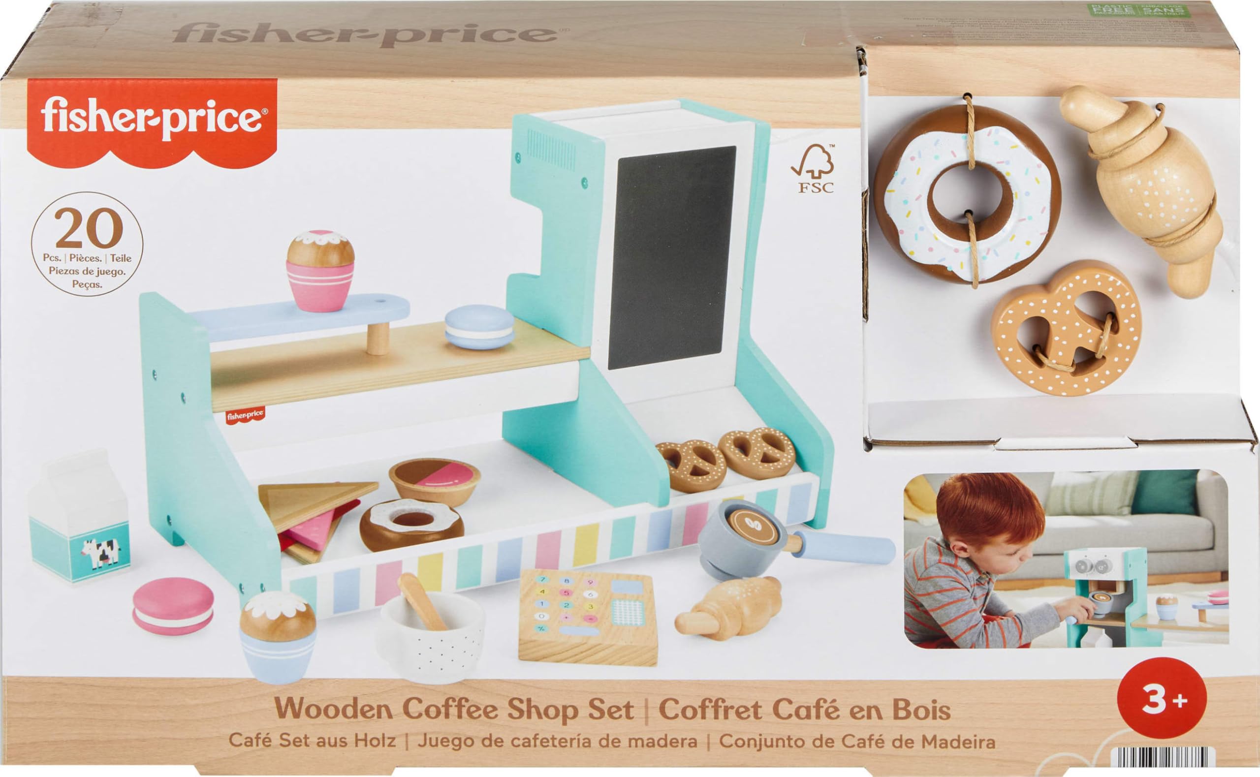 Fisher-Price wood register till helps kids practice counting and transactions.