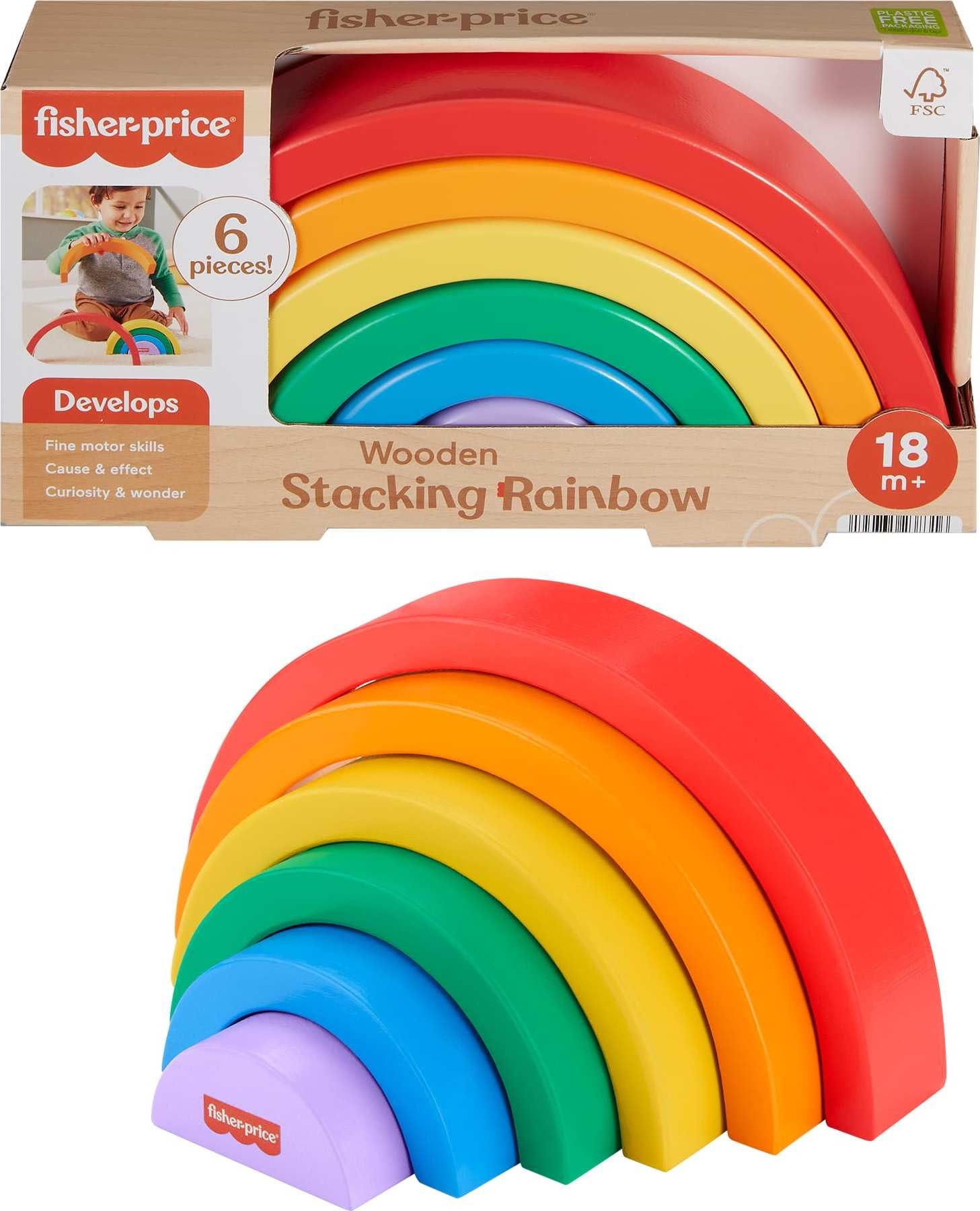 Fisher-Price wood stacking rainbow arches set for color and motor skill exploration.