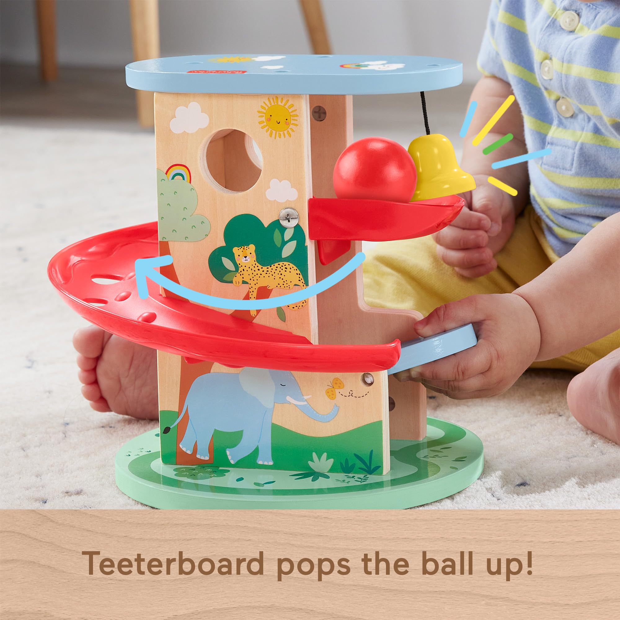 Fisher-Price Wood Treehouse Ball Run treehouse bell rings with each drop.
