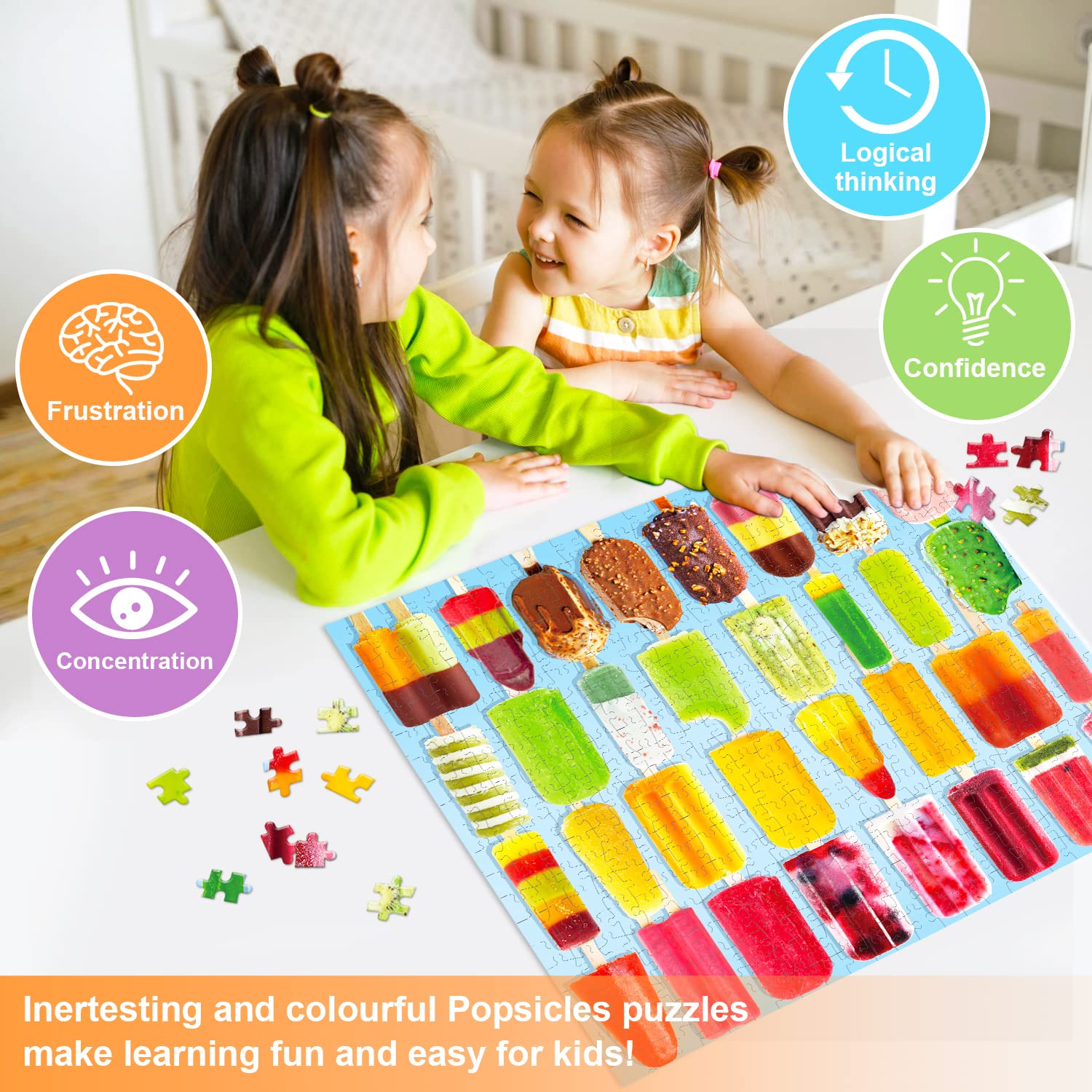 Fishwisdom popsicles puzzle pieces scattered for shared play.