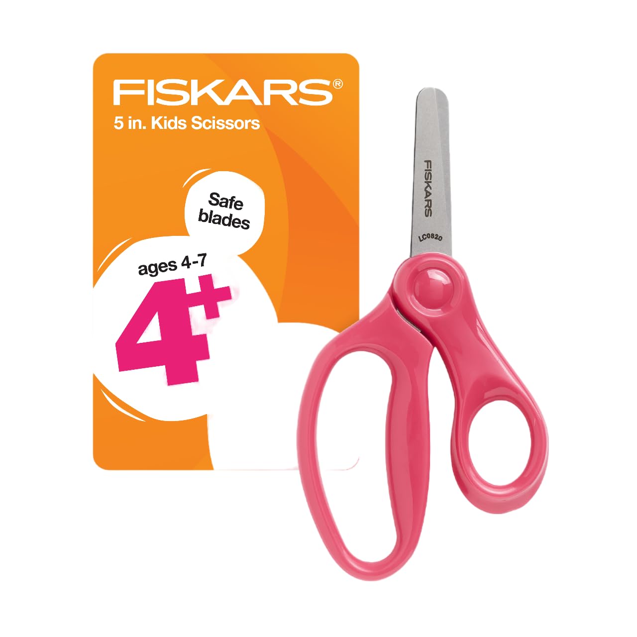 Fiskars Blunt-Tip Kids Scissors 5-inch pink, open blade designed for safe classroom cutting.