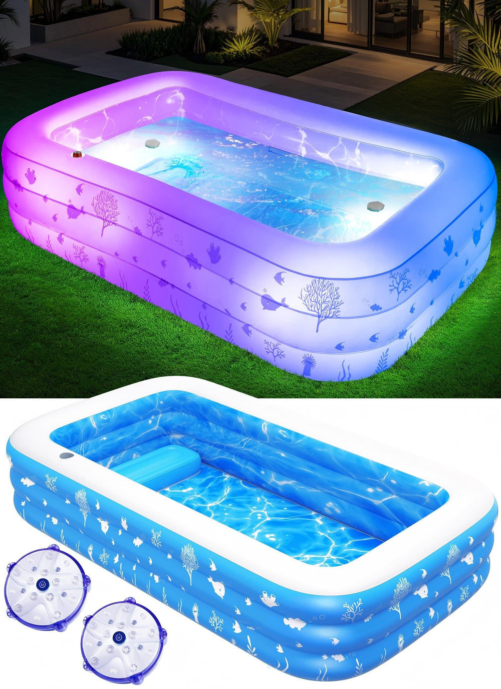 FizZeal inflatable pool with seat and lights for colorful backyard night swims.