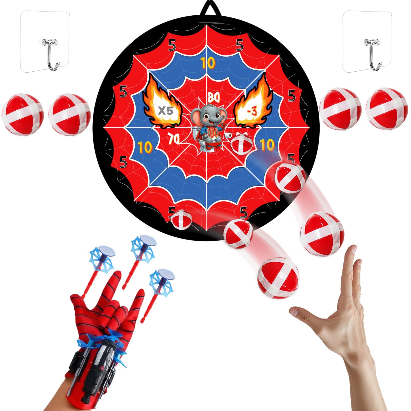FJQZDBDSA Spider Web Shooter packaging showing easy setup for imaginative play