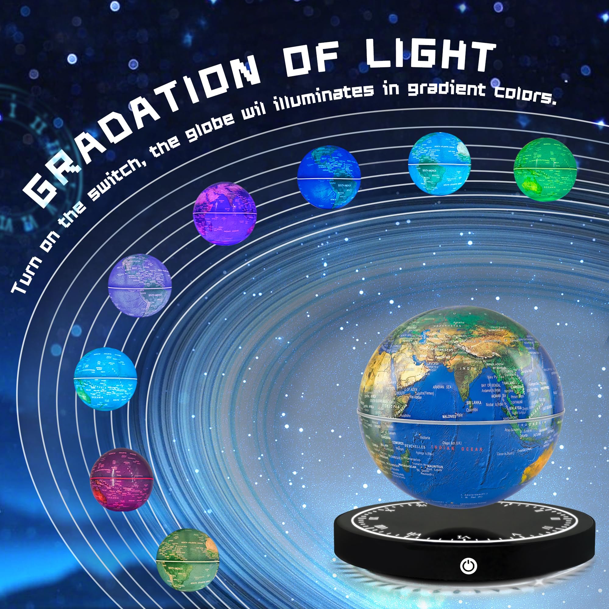 Flagest clock-base levitating globe combines time display with a magical desk feature.